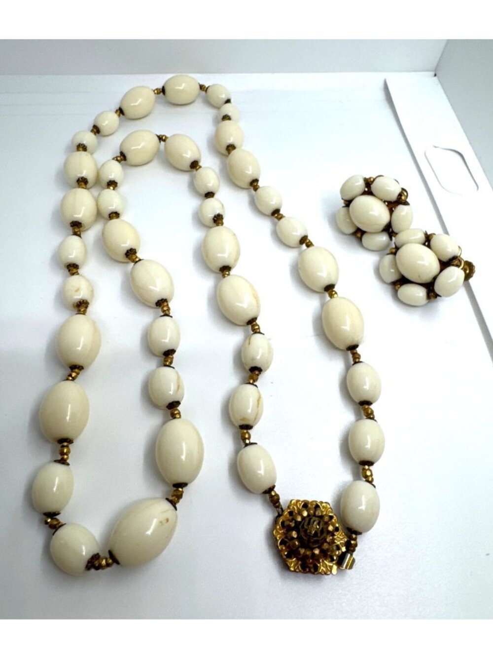 Vintage Miriam Haskell Milk Glass Bead Necklace Earrings Set Signed 28" 1950s